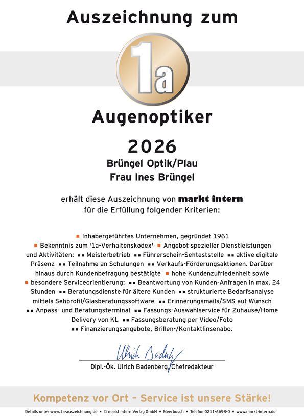Brüngel Optik als 1a-Augenoptiker ausgezeichnet